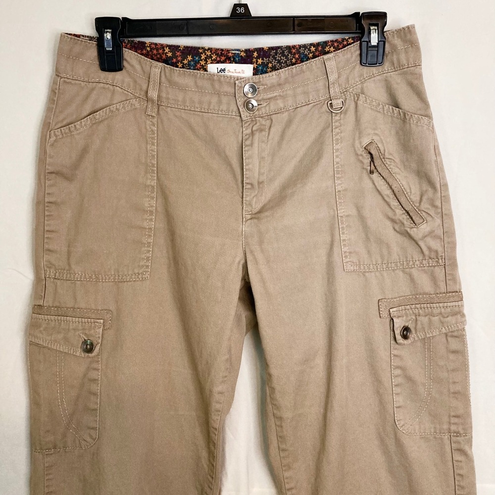 Y2K 2008 Lee One True Fit Khaki Utility Cargo Pants 14 Tan Cotton Straight Leg